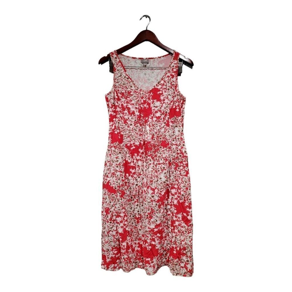 J. Jill Women's Red Floral Sleeveless Midi Dress Pleated Pockets 100% Rayon Sz 6